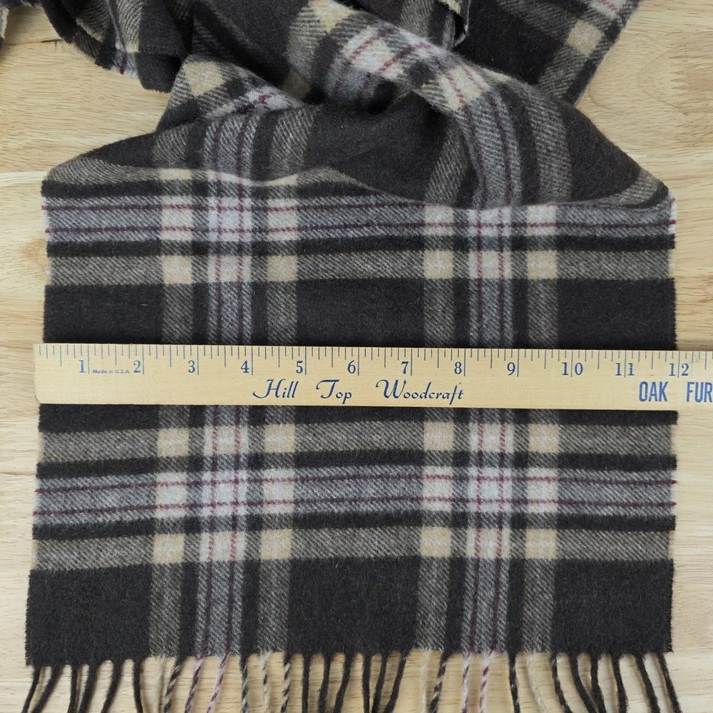 Jos A Bank Cashmere Scarf Brown Plaid Fringe 60"x12" - Picture 3 of 4